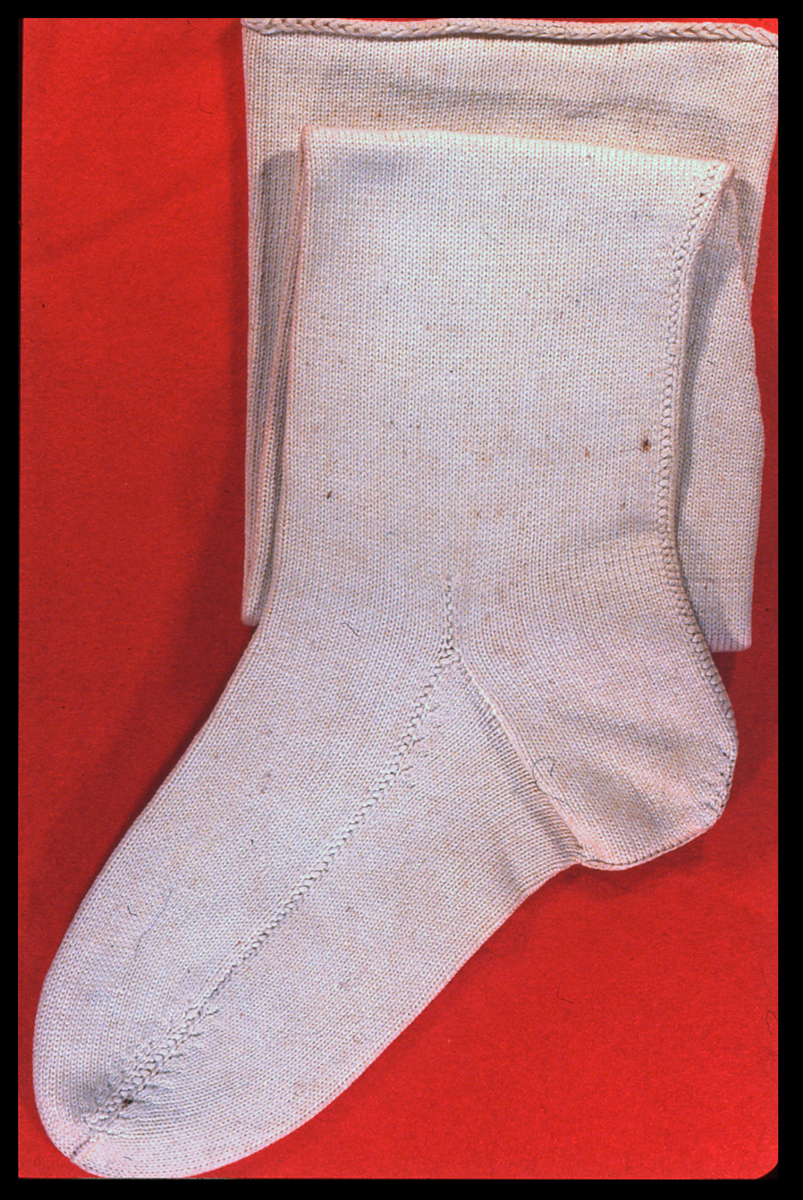 Lee-type stocking. This coarse stocking was knitted in the mid-nineteenth century, probably to indicate the finish of stockings produced on the earliest Lee frames. Nottingham City Museums